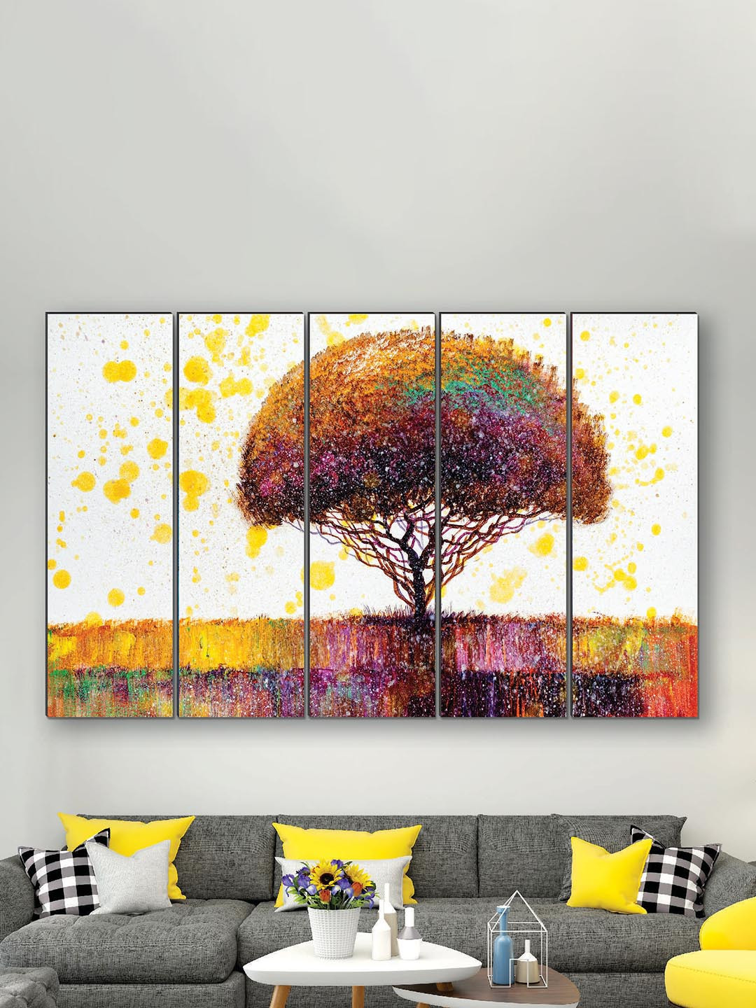 SAF White & Yellow 5 Pieces UV Textured MDF Wall Art Painting