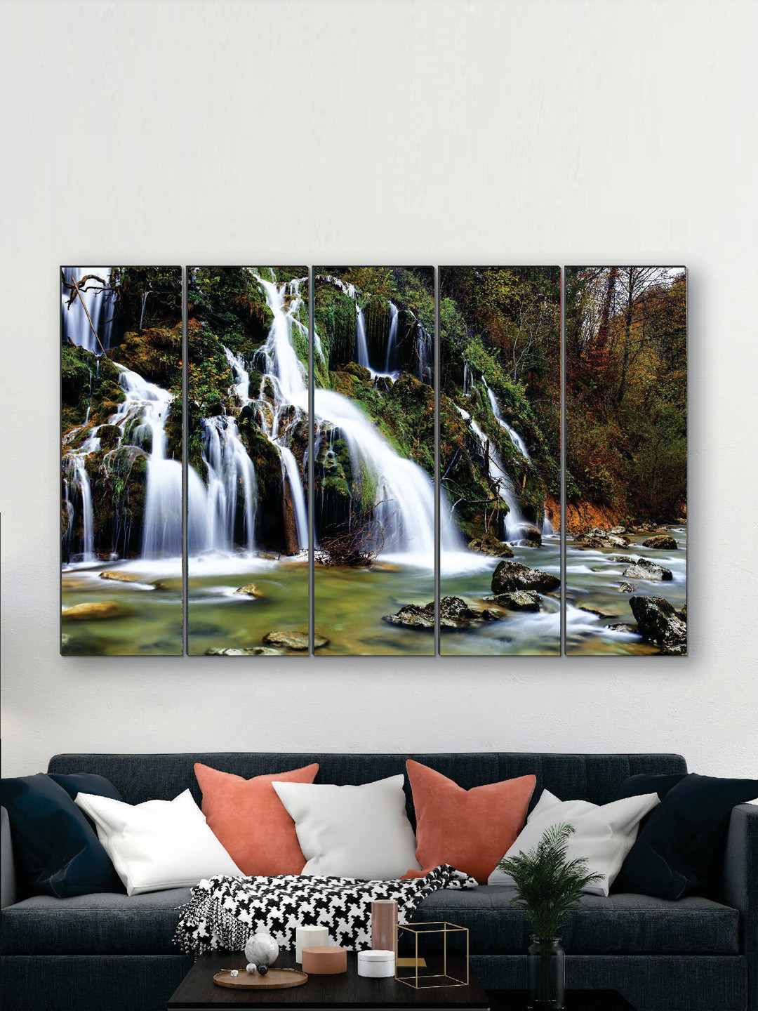 SAF Green & White 5 Pieces Waterfall UV Textured MDF Wall Art Painting