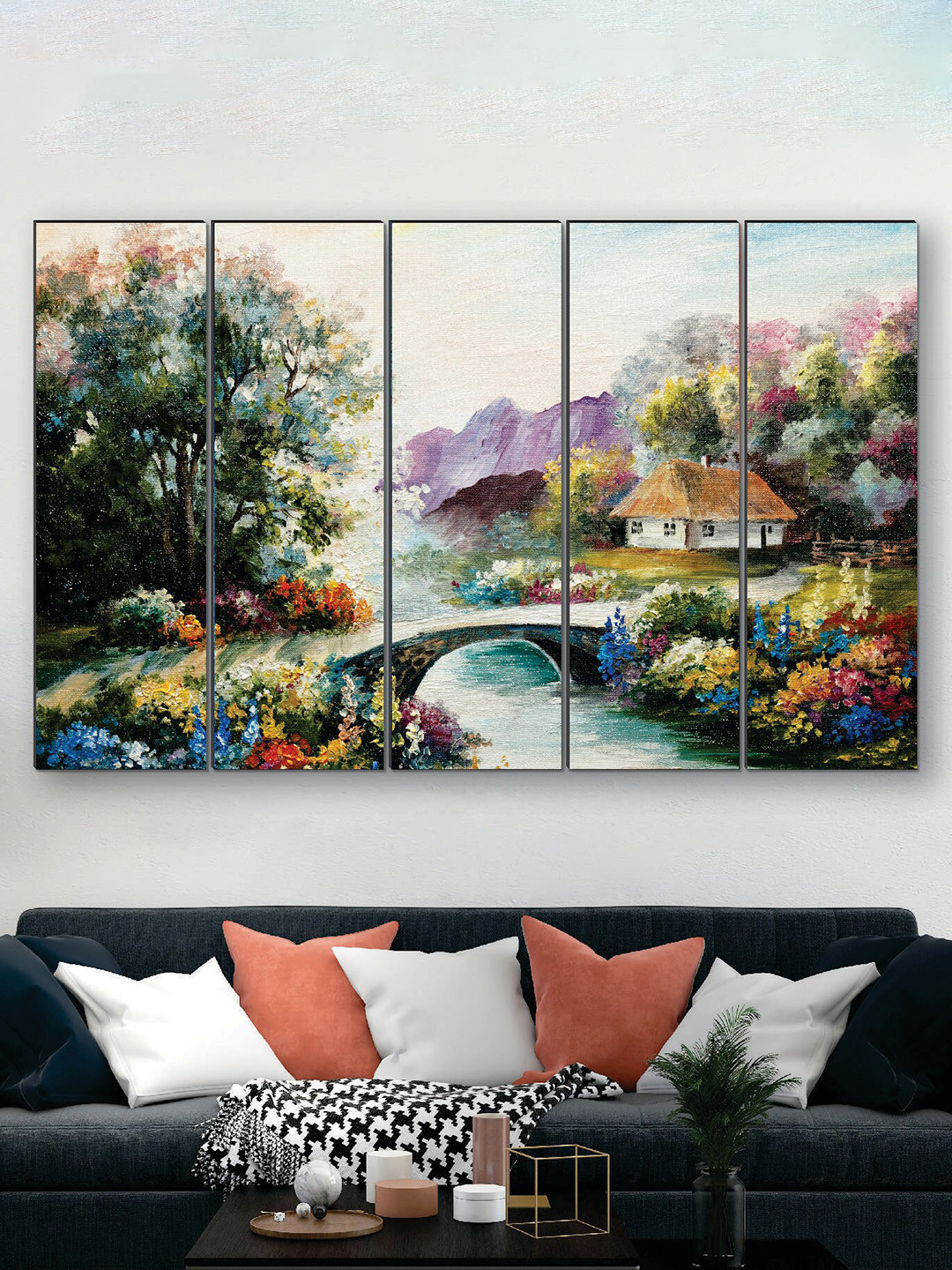 SAF Green & Blue 5 Pieces UV Textured Nature Scenery Painting