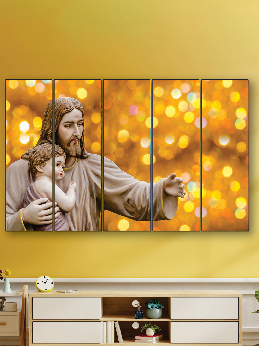 SAF Yellow & Beige 5 Pieces Jesus UV Textured Painting Wall Art