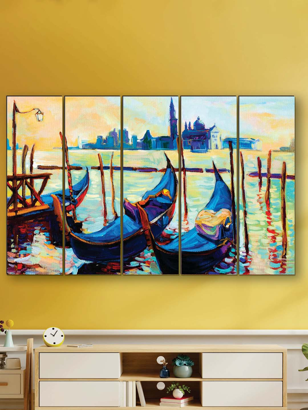 SAF Blue MDF 5 Pcs Wall Living Room Rectangle Potrait Paintings Wall Art -8 x 60.69In