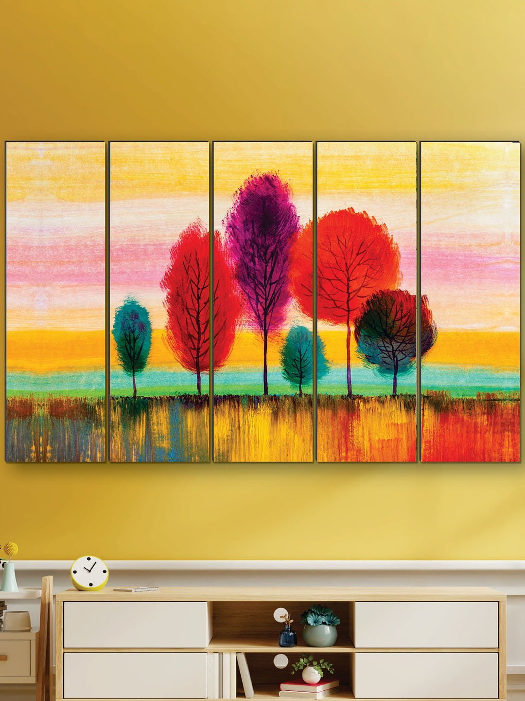 SAF Red & Yellow 5 Pieces Tree UV Textured Painted Wall Painting