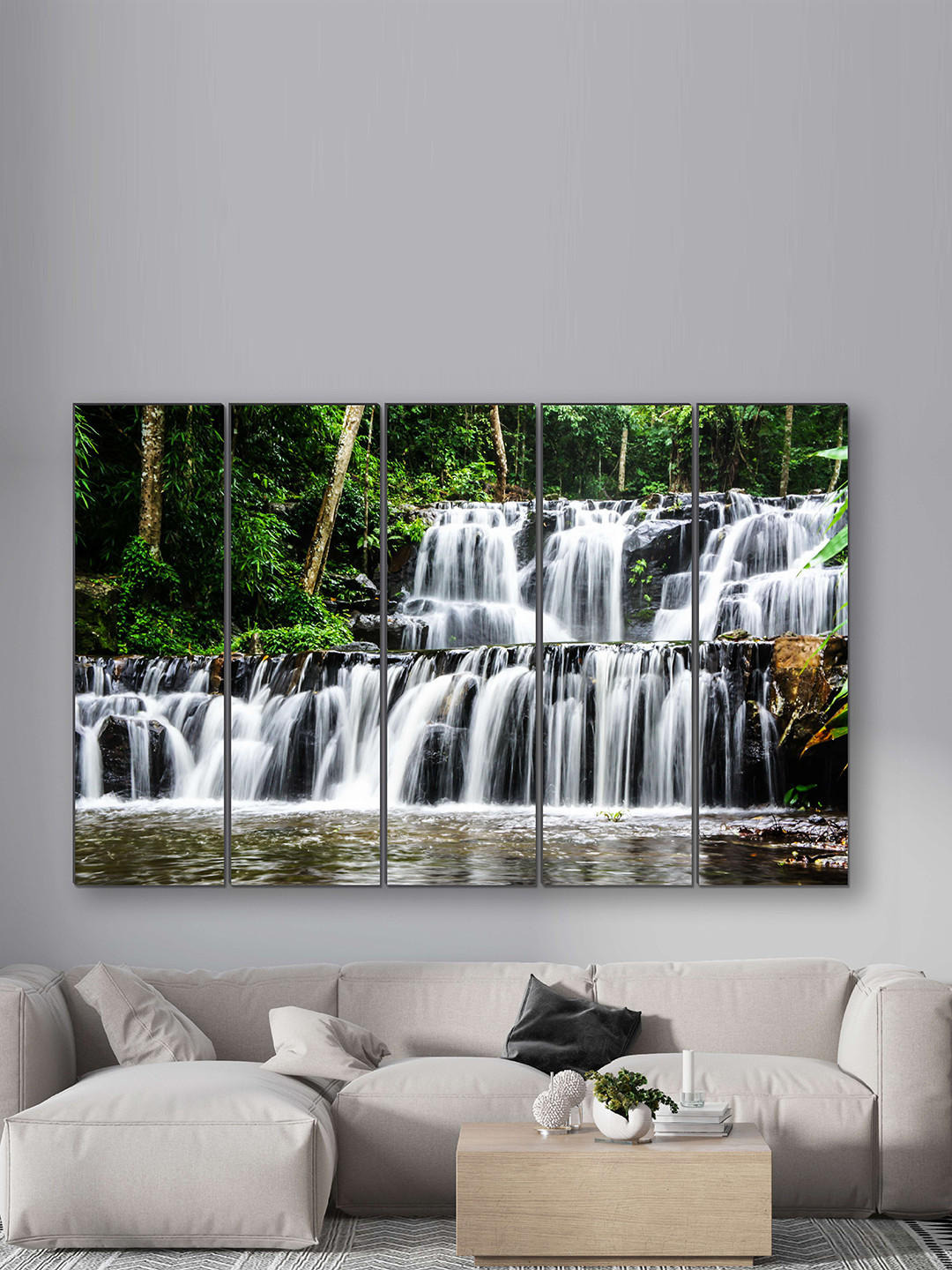 SAF Green & White 5 Pieces Waterfall UV Textured Scenery Painting Wall Art