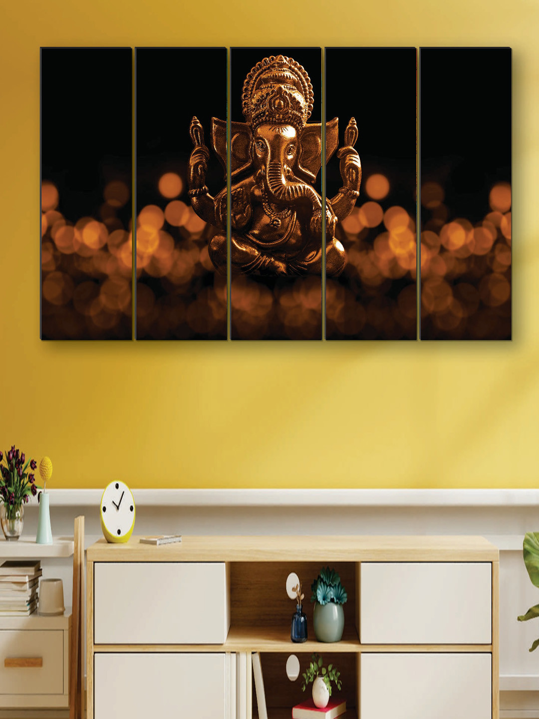 SAF Black & Copper 5 Pieces UV Textured Ganesha Painting Wall Art