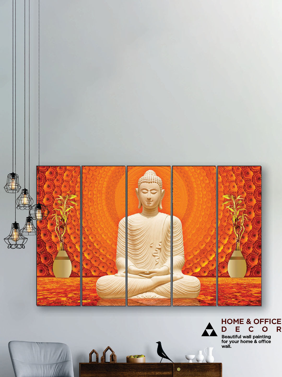 SAF Orange-Coloured & Cream-Coloured 5 Pieces Buddha UV Textured MDF Painting Wall Art