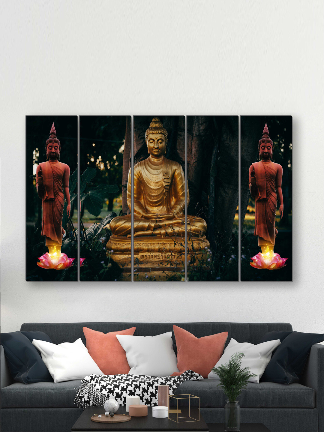 SAF Black & Gold-Colored 5 Pieces Buddha UV Textured Painting Wall Art