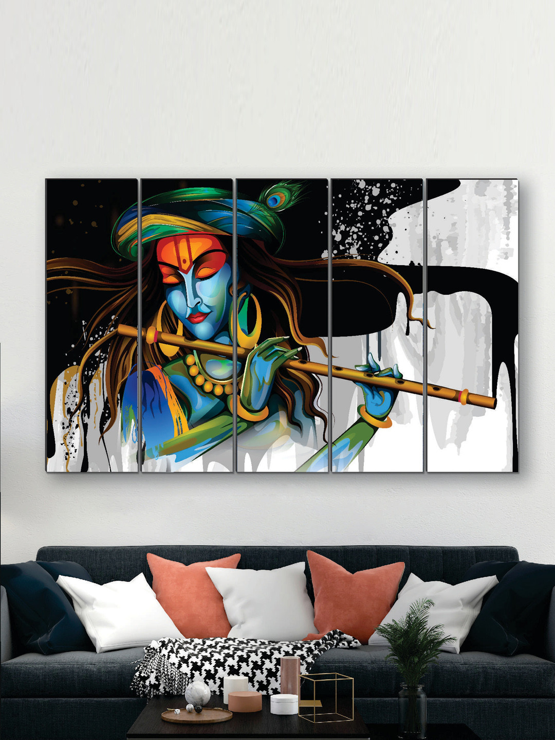 SAF Lord Krishna Blue MDF 5 Pcs Wall Living Room Rectangle Paintings Wall Art -8 x 60.69In