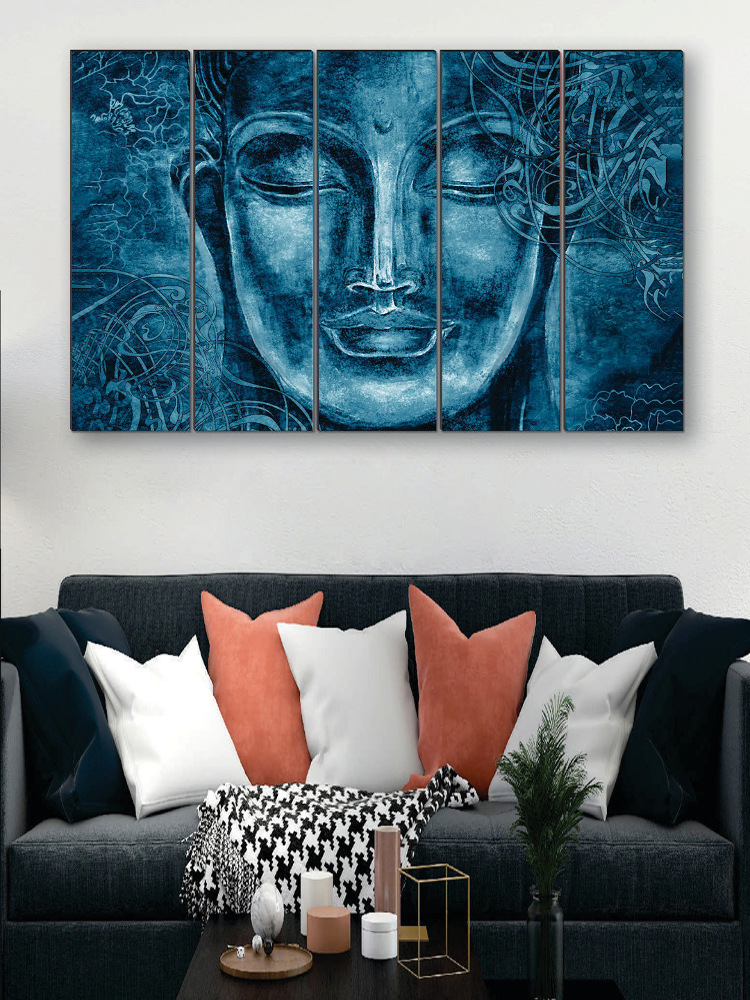 SAF Blue 5 Pieces Buddha UV Textured Painting Wall Art