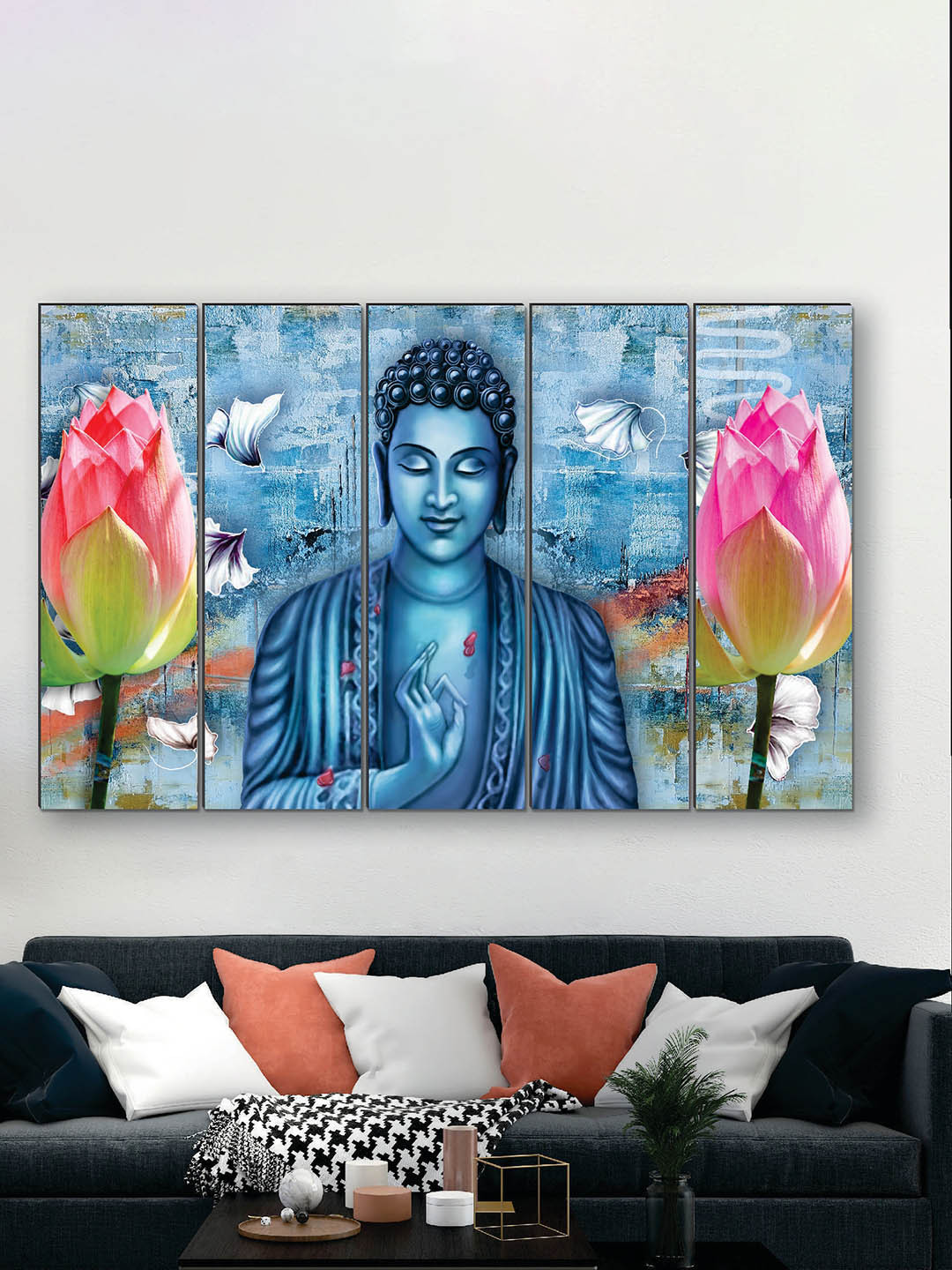 SAF Blue & Pink 5 Pieces Buddha UV Textured Painting Wall Art
