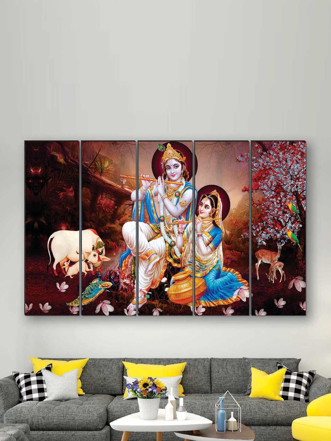 SAF Blue & Cream Coloured 5 Pieces Radha Krishna UV Textured Painted Wall Art