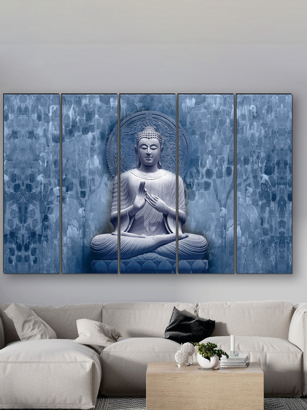 SAF Blue 5 Pieces Buddha UV Textured Painting Wall Art