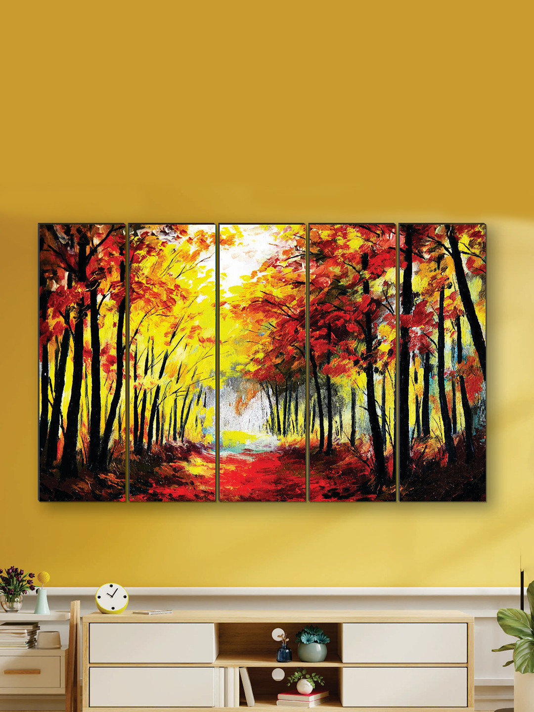 SAF Yellow & Red 5 Pieces Nature Scenery UV Textured Painting Wall Art
