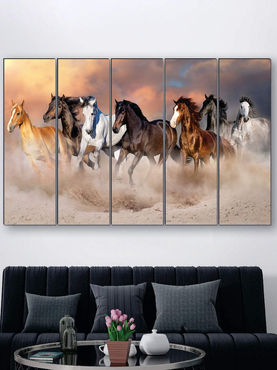 SAF Brown & White 5 Pieces UV Textured Running Horse Painting Wall Art
