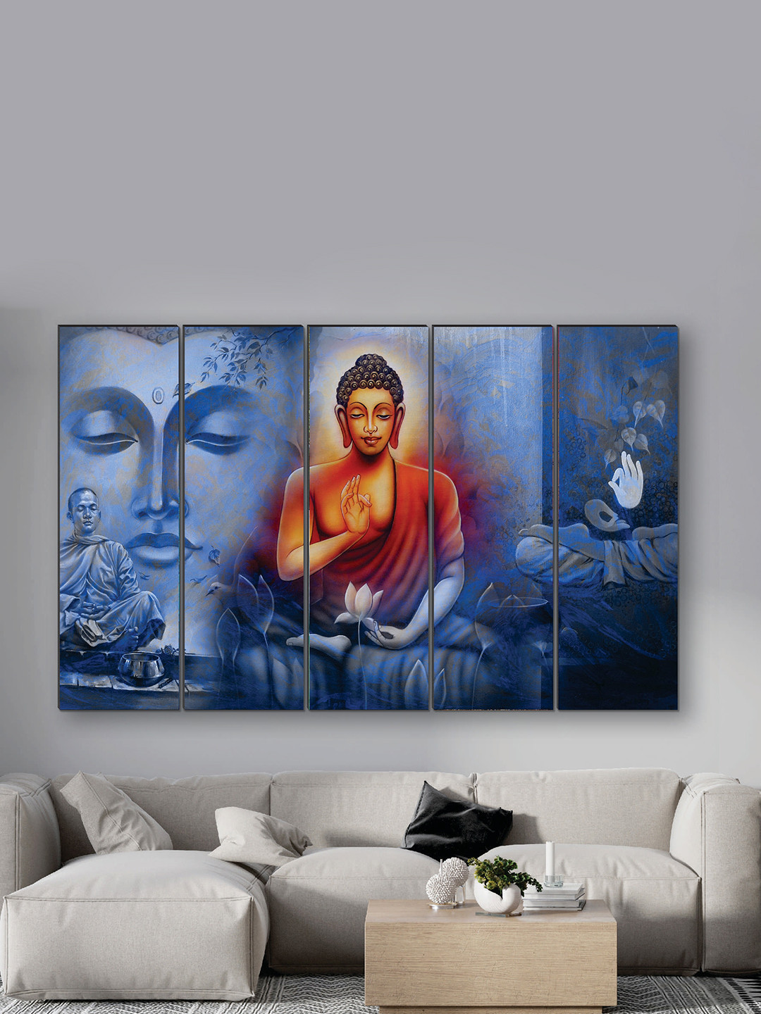 SAF Red & Blue 5 Pieces Buddha UV Textured Painting Wall Art