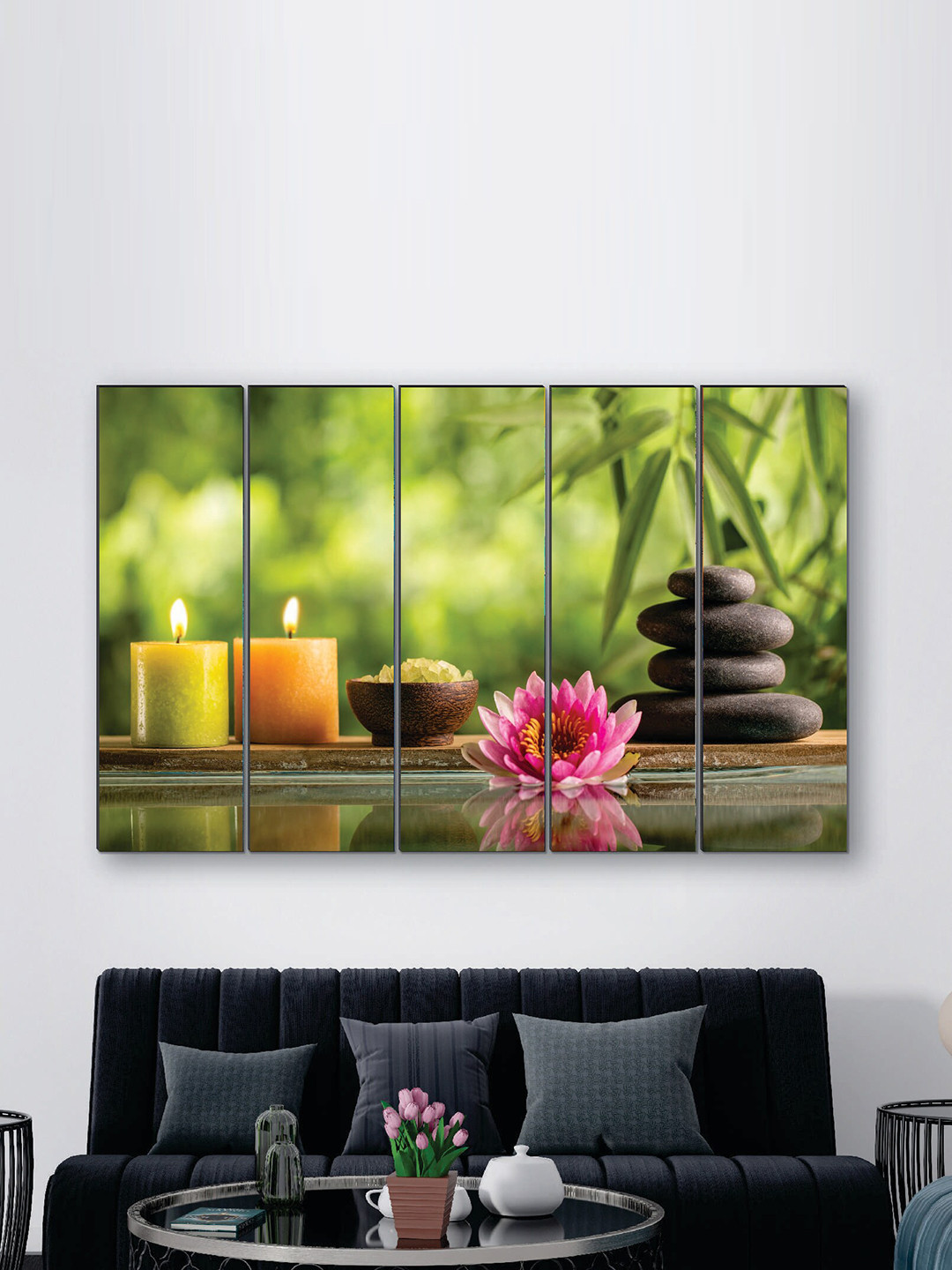 SAF Green & Yellow 5 Pieces Bamboo UV Textured MDF Wall Art Painting