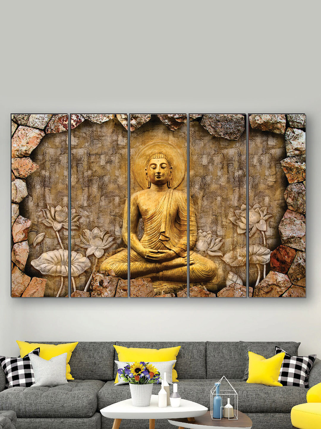 SAF Brown & Gold Colored 5 Pieces Buddha UV Textured MDF Wall Art Painting