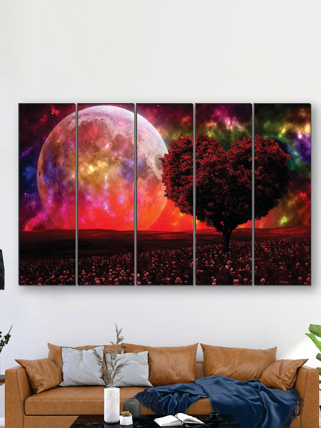 SAF Red 5 Pieces UV Textured MDF Wall Art Painting