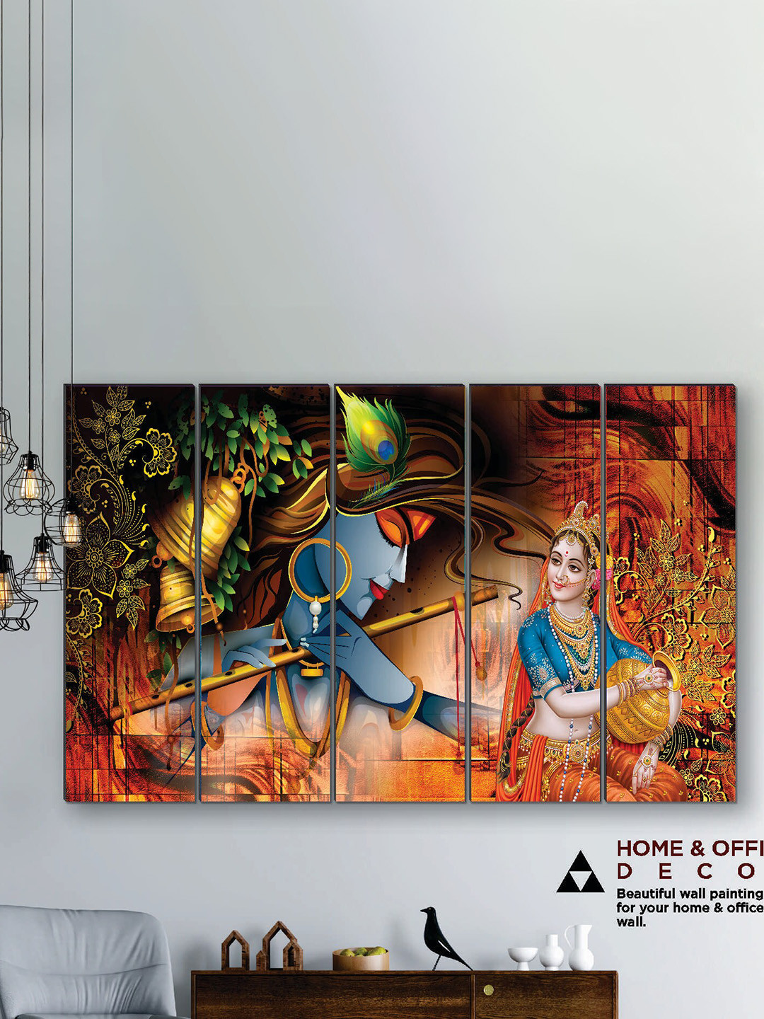 SAF Orange-Colored & Blue 5 Pieces Radha Krishna UV Textured MDF Wall Art Painting