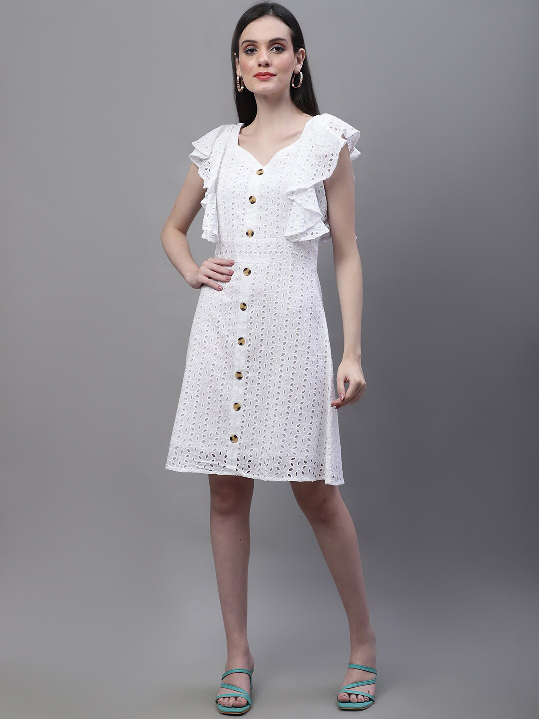 MARC LOUIS Self Design Flutter Sleeves Schiffli Cotton A-Line Dress