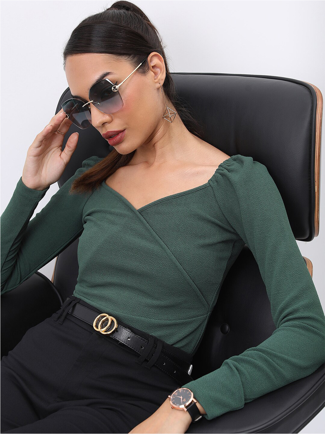 Tokyo Talkies Green Sweetheart Neck Long Sleeves Wrap Top