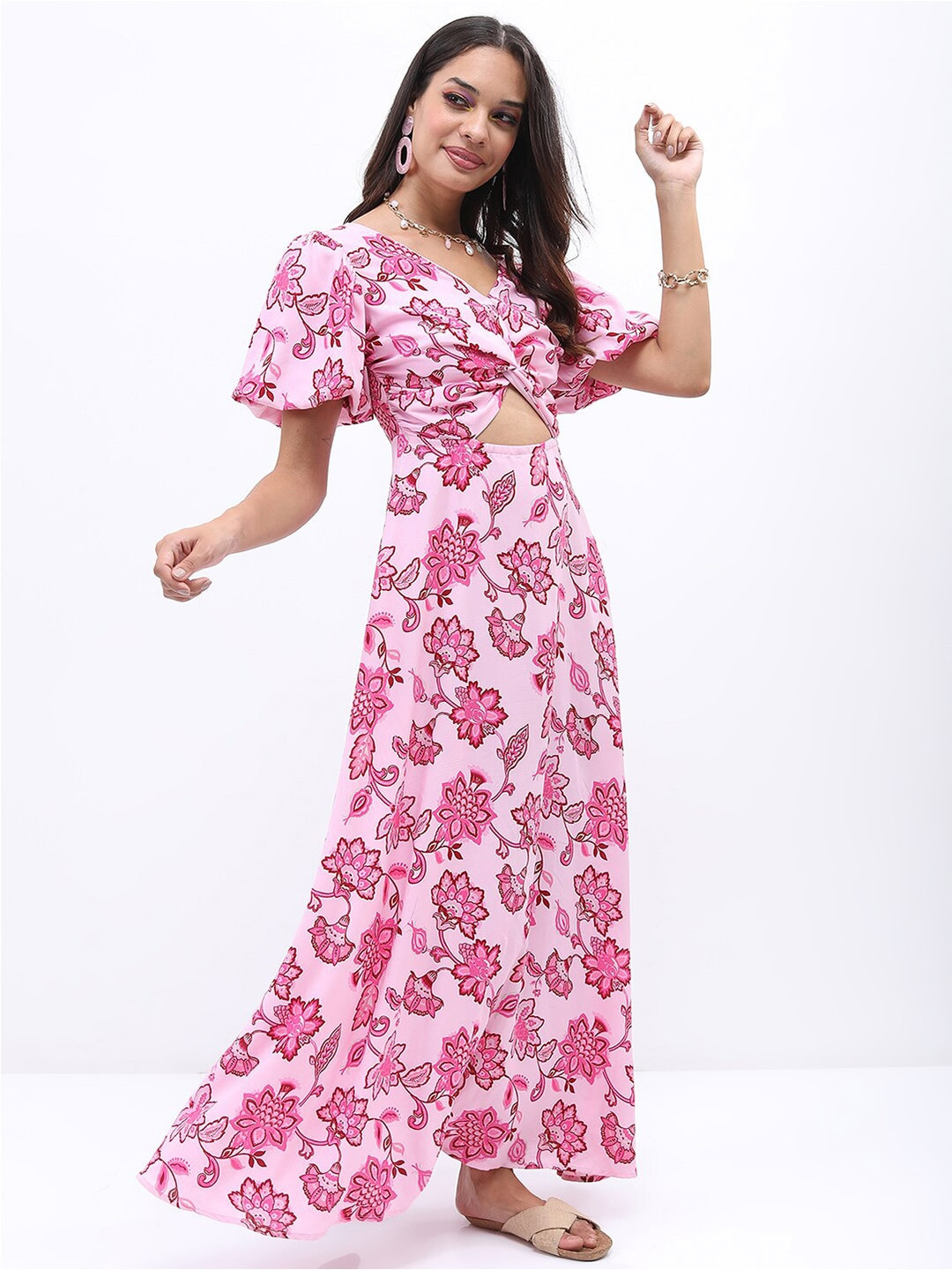 Tokyo Talkies Floral Printed Cut Out Flared Sleeve Maxi Dress