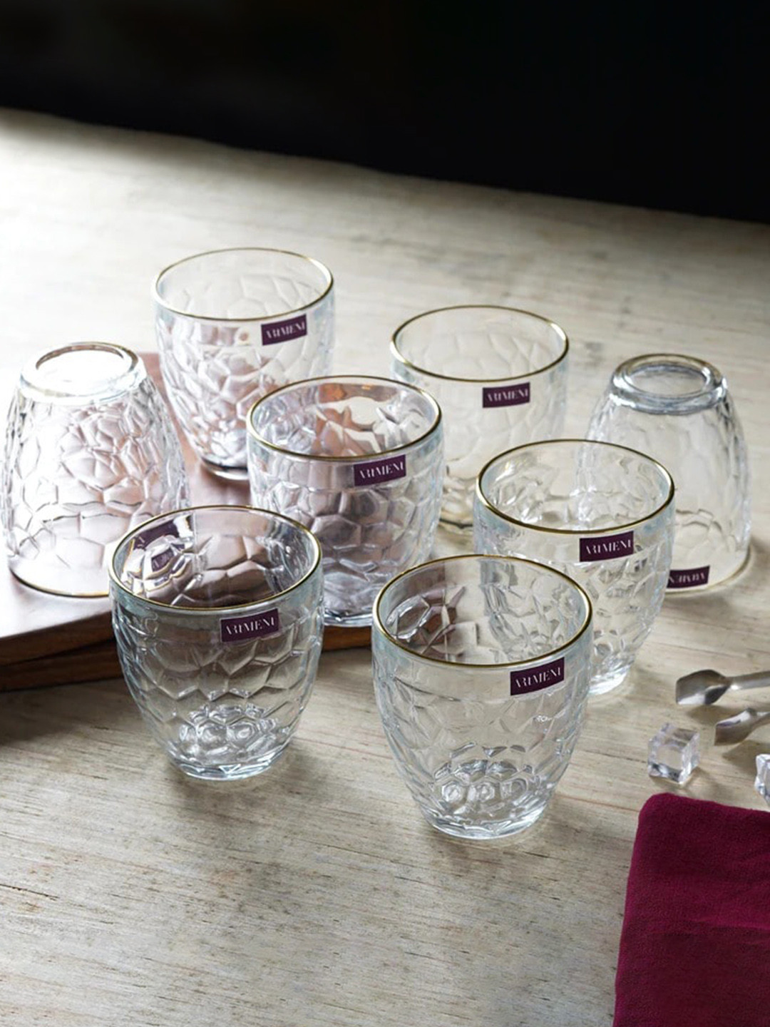 THE ARTMENT Transparent 8-Pieces Textured Whiskey Glasses 360 ml Each