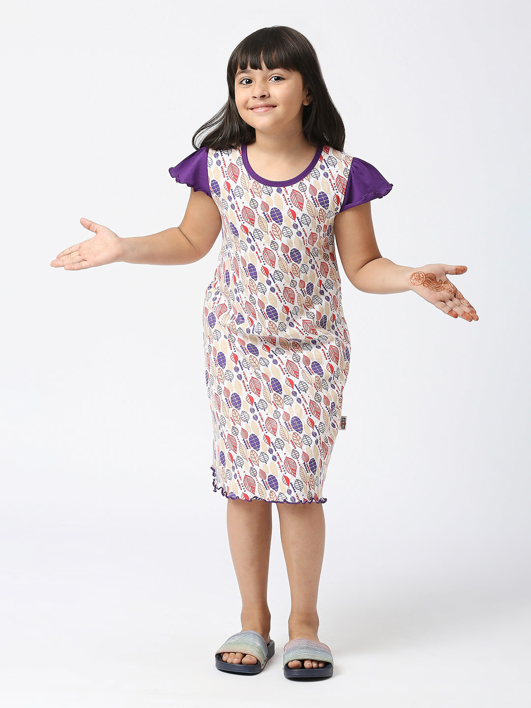 SINI MINI Girls Floral Printed Pure Cotton Nightdress