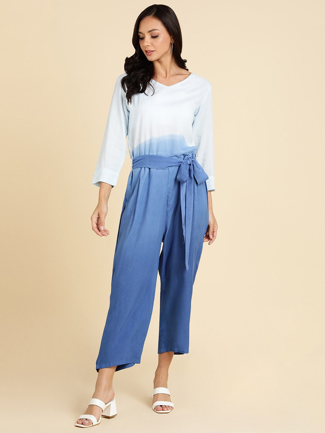 Maaesa Colourblocked Ombre Dye Waist Tie Ups Basic Jumpsuit