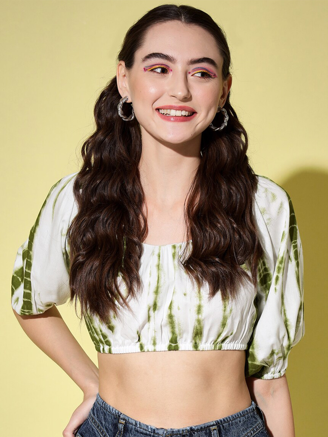 Trend Arrest Tie And Dye Square Neck Puff Sleeves Crop Top