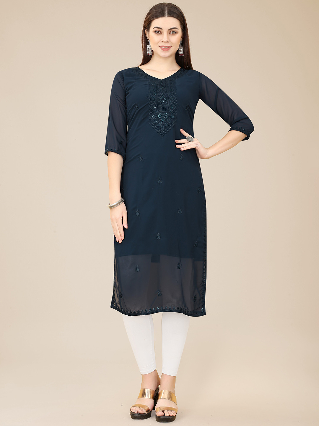 HERE&NOW Teal Blue Embroidered Thread Work Georgette Kurta
