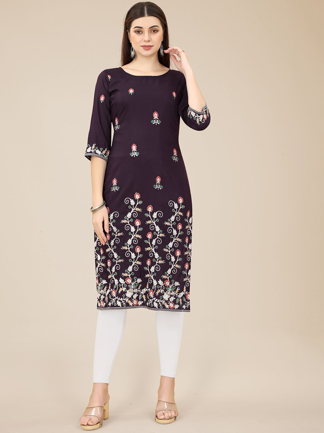 HERE&NOW Purple & Red & White Floral Embroidered Georgette Kurta