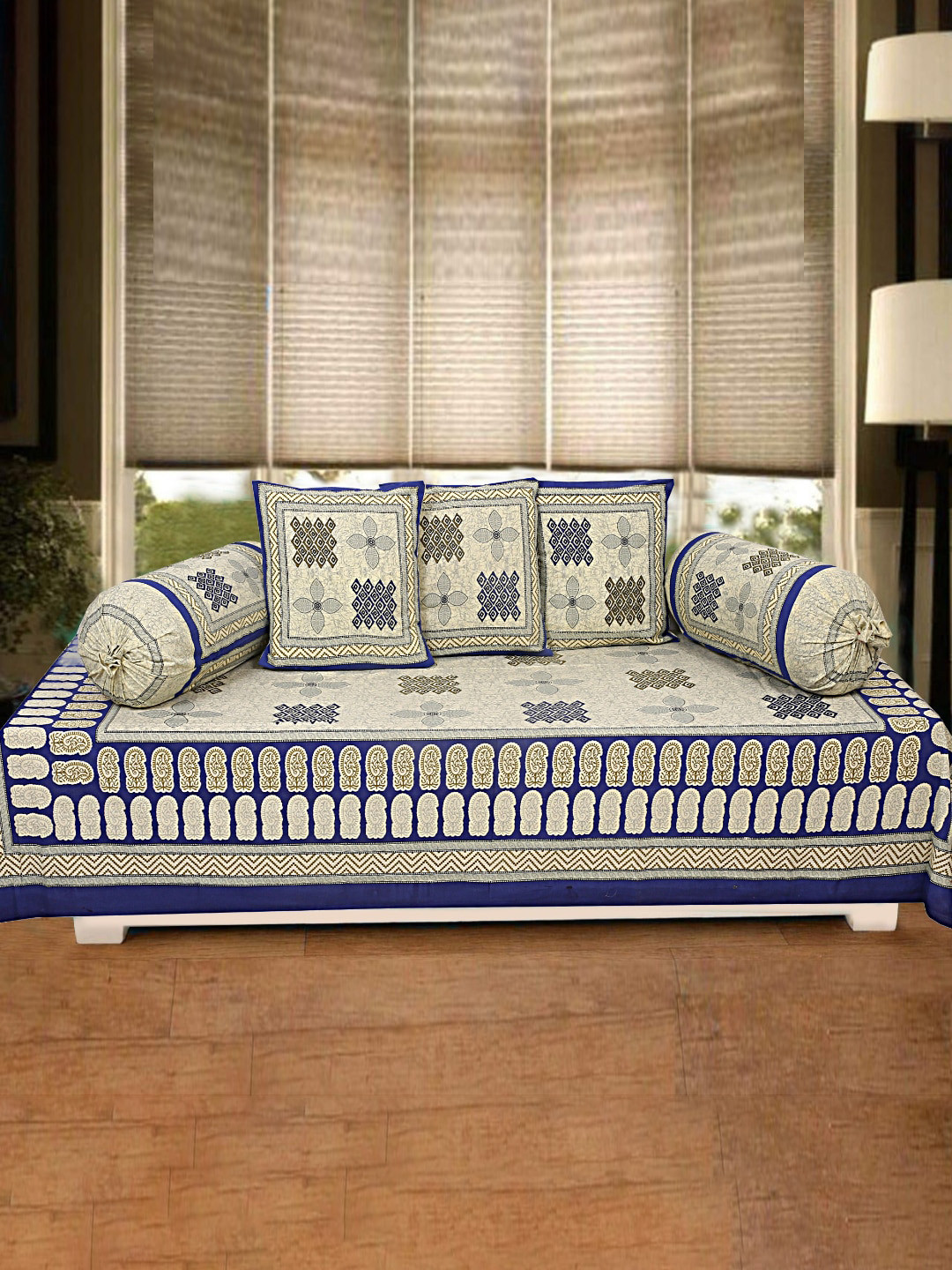 INDHOME LIFE Beige & Blue 6 Pieces Printed 200 TC Pure Cotton Diwan Set