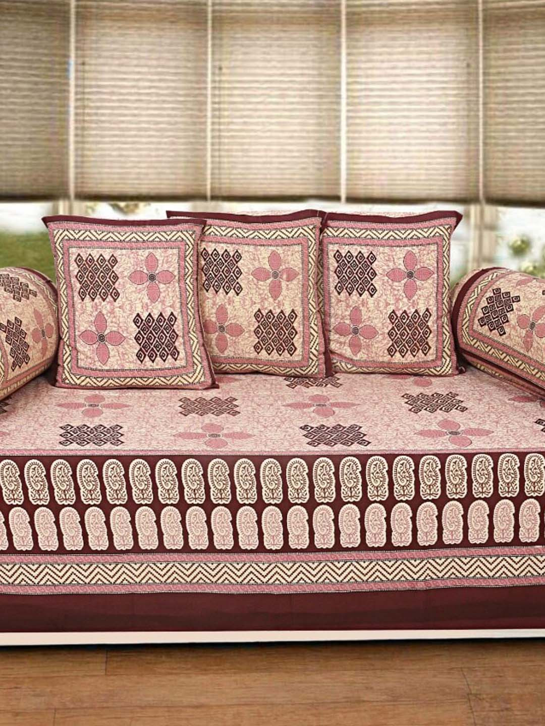 INDHOME LIFE Peach Coloured & Brown 6 Pieces Floral Printed 200 TC Cotton Diwan Set