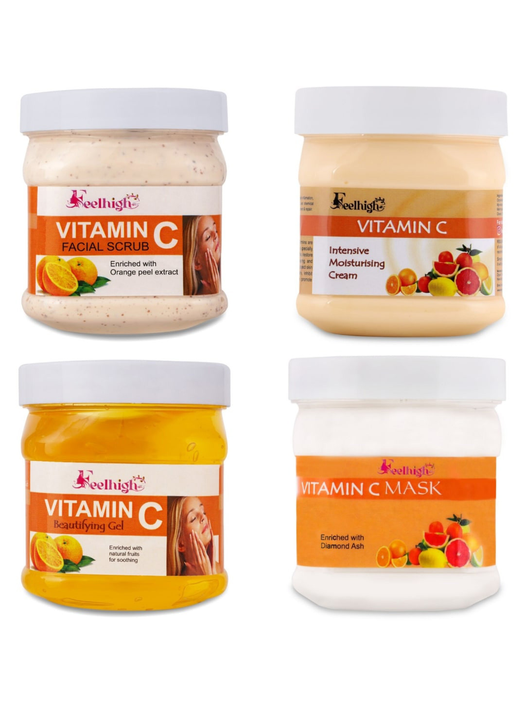 FEELHIGH Set Of 4 Vitamin C Scrub Cream Mask & Gel Facial Kit 500ml Each