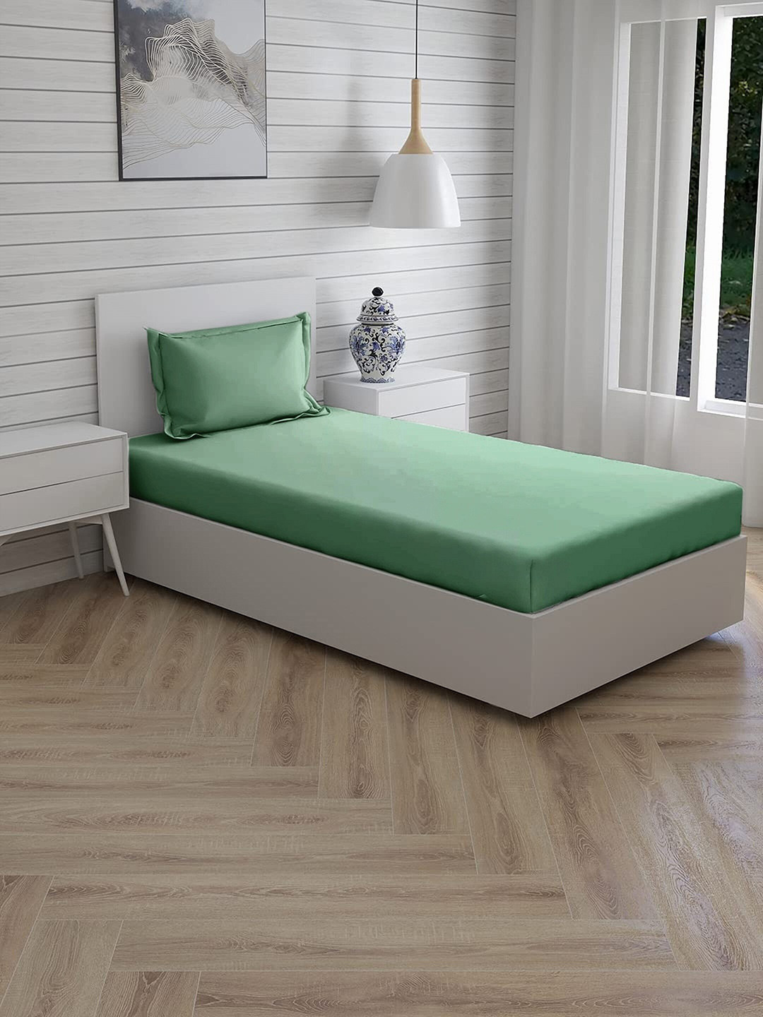 Trance Home Linen Olive Cotton 300 TC Fitted Single Superfine Bedsheet with a Pillow Cover-78 x 36 inches