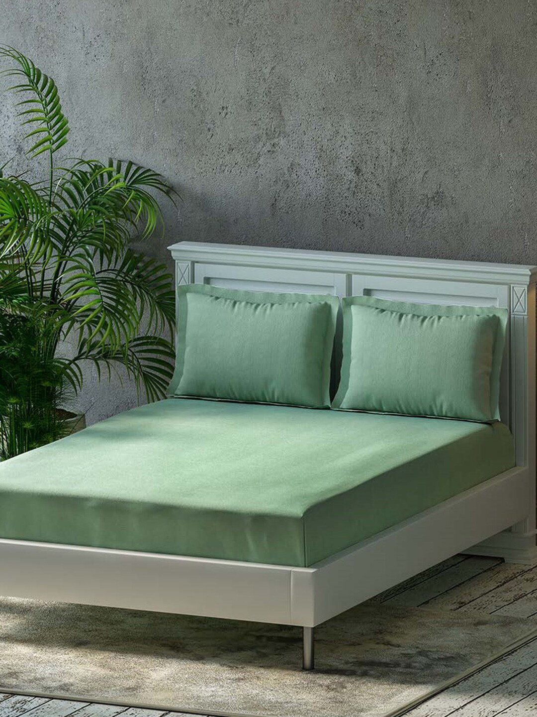 Trance Home Linen Metro Olive Solid Pure Cotton 300 TC Fitted Queen Superfine Bedsheet with 2 Pillow Covers-198 x 152 cm