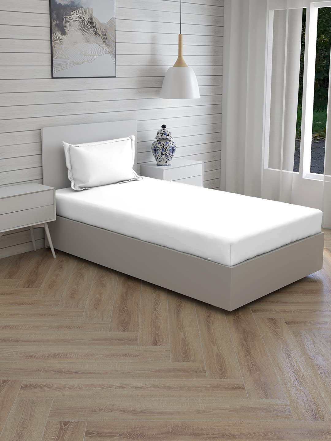 Trance Home Linen White Pure Cotton 300 TC Fitted Single Superfine Bedsheet with a Pillow Cover-78 x 36 inches