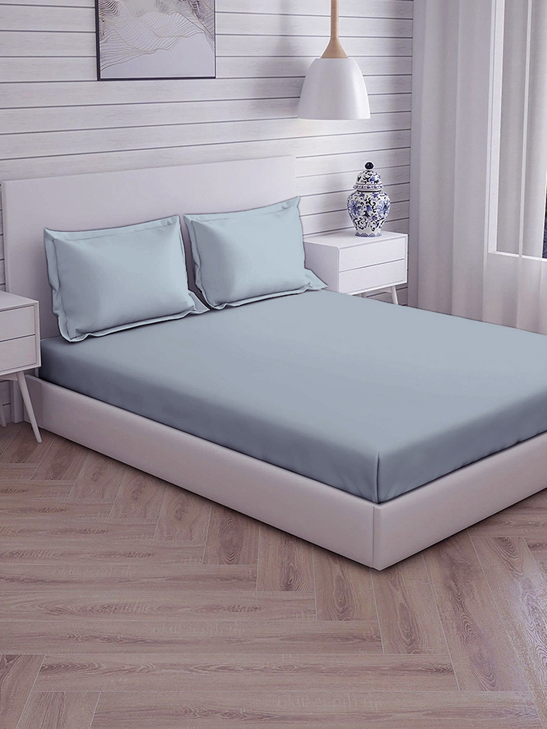 Trance Home Linen Blue Cotton Fade-Resistant 300 TC Fitted Queen Fine Bedsheet with 2 Pillow Covers-78 x 60 inches