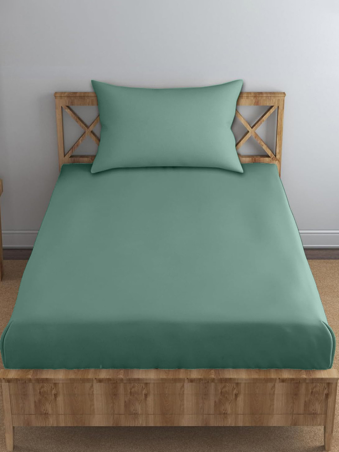 Trance Home Linen Green Pure Cotton 300 TC Fitted Single Fine Bedsheet with a Pillow Cover-78 x 36 inches