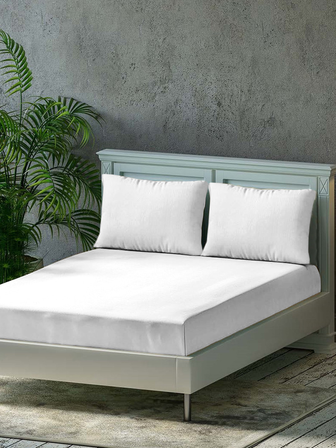 Trance Home Linen White Pure Cotton 300 TC Fitted King Superfine Bedsheet with 2 Pillow Covers-78 x 72 inches