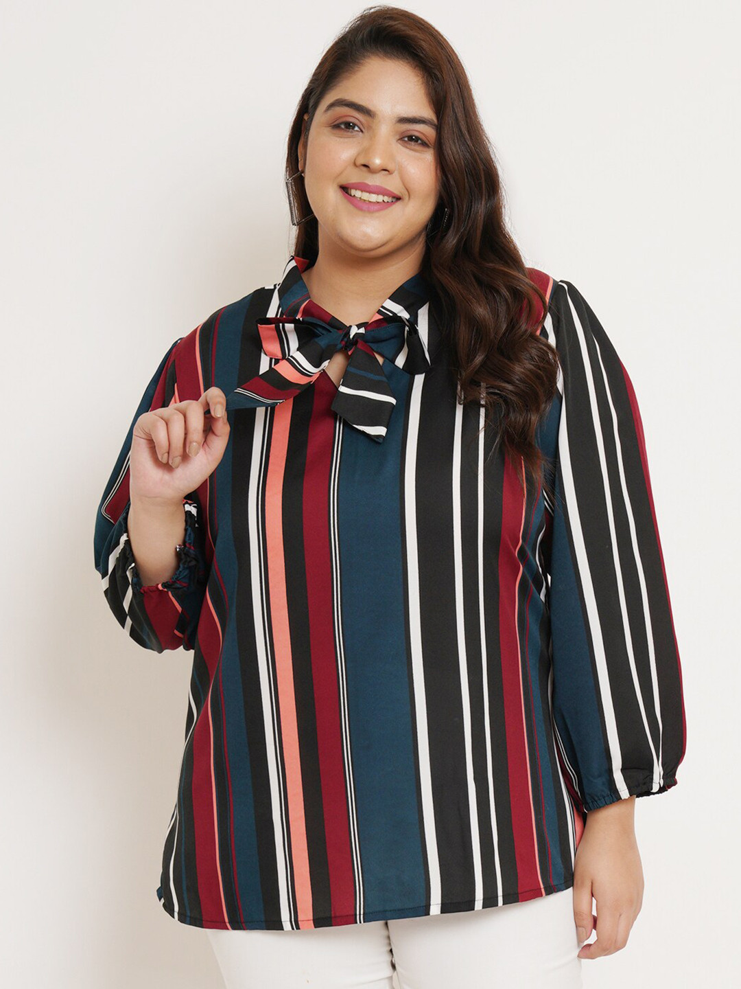 U&F Beyond Plus Size Vertical Striped Tie-Up Neck A-Line Top