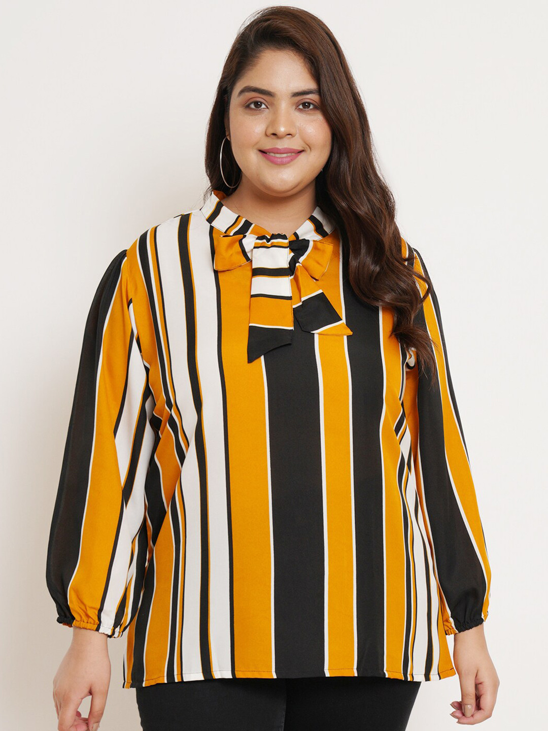 U&F Beyond Plus Size Vertical Striped Tie-Up Neck A-Line Top