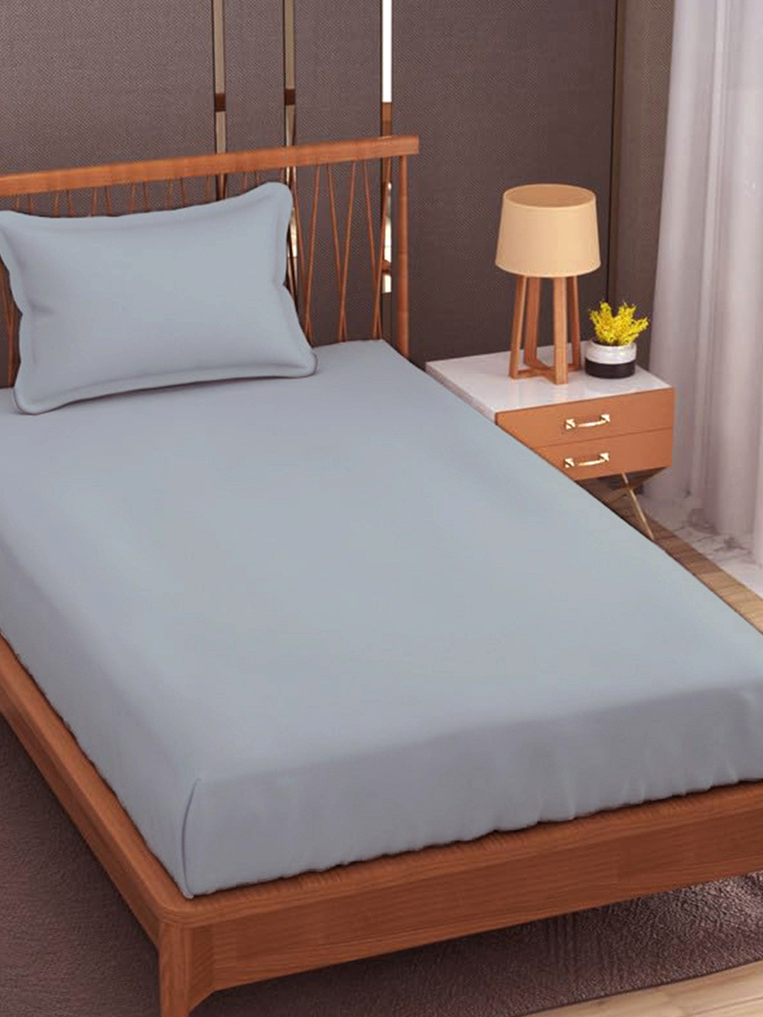 Trance Home Linen Blue Pure Cotton 300 TC Single Fine Bedsheet with a Pillow Cover-78 x 36 inches