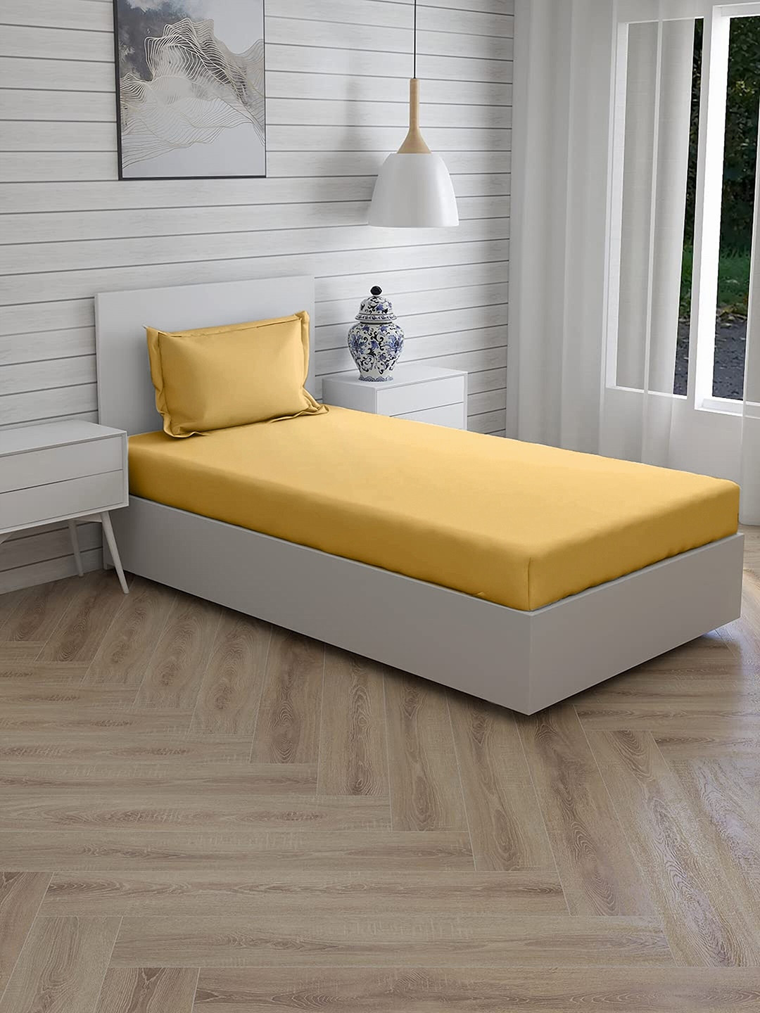 Trance Home Linen Yellow Cotton 300 TC Single Superfine Bedsheet with a Pillow Cover-78 x 36 inches