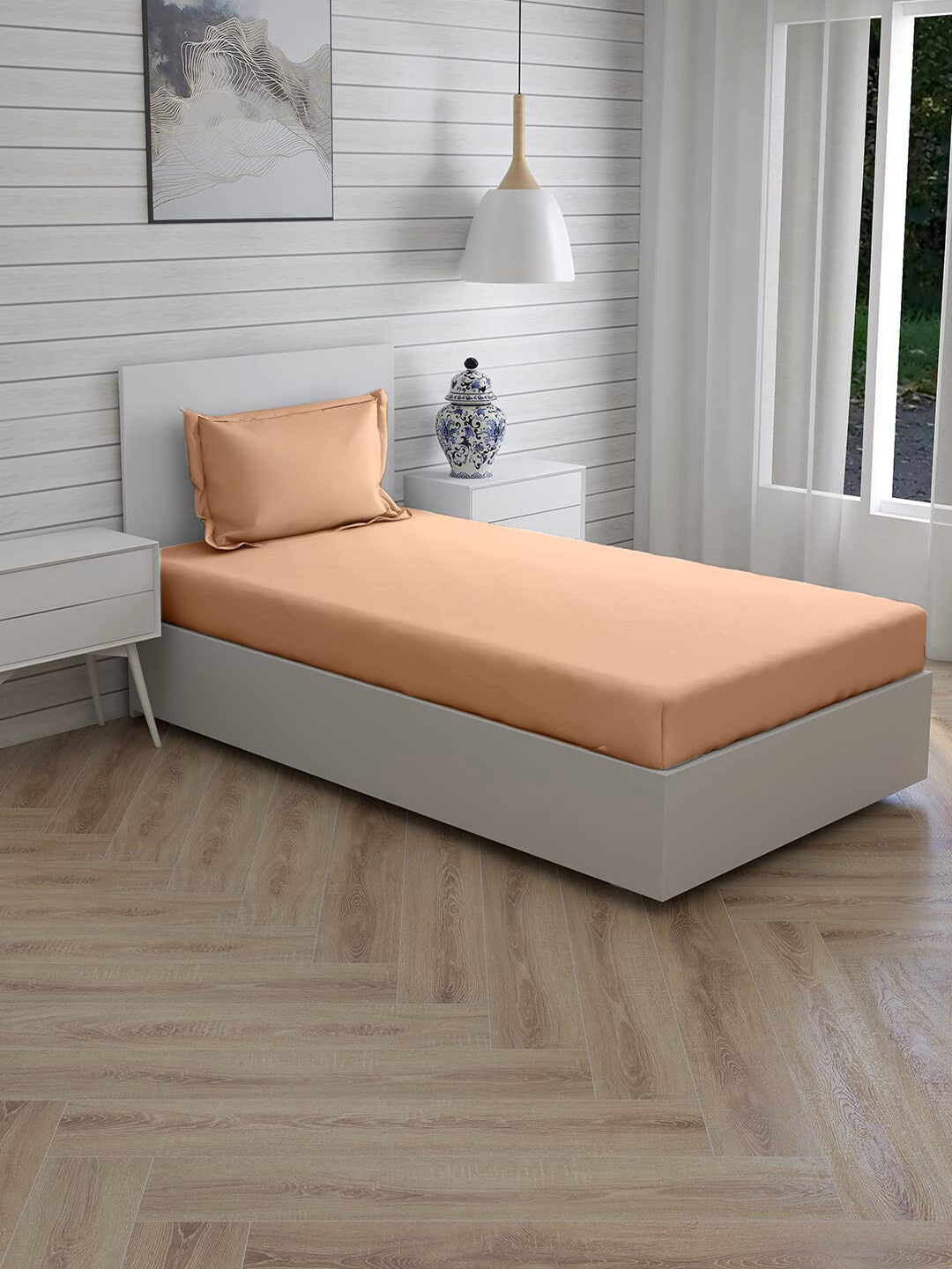 Trance Home Linen Peach Cotton 300 TC Single Fine Bedsheet with a Pillow Cover-78 x 36 inches