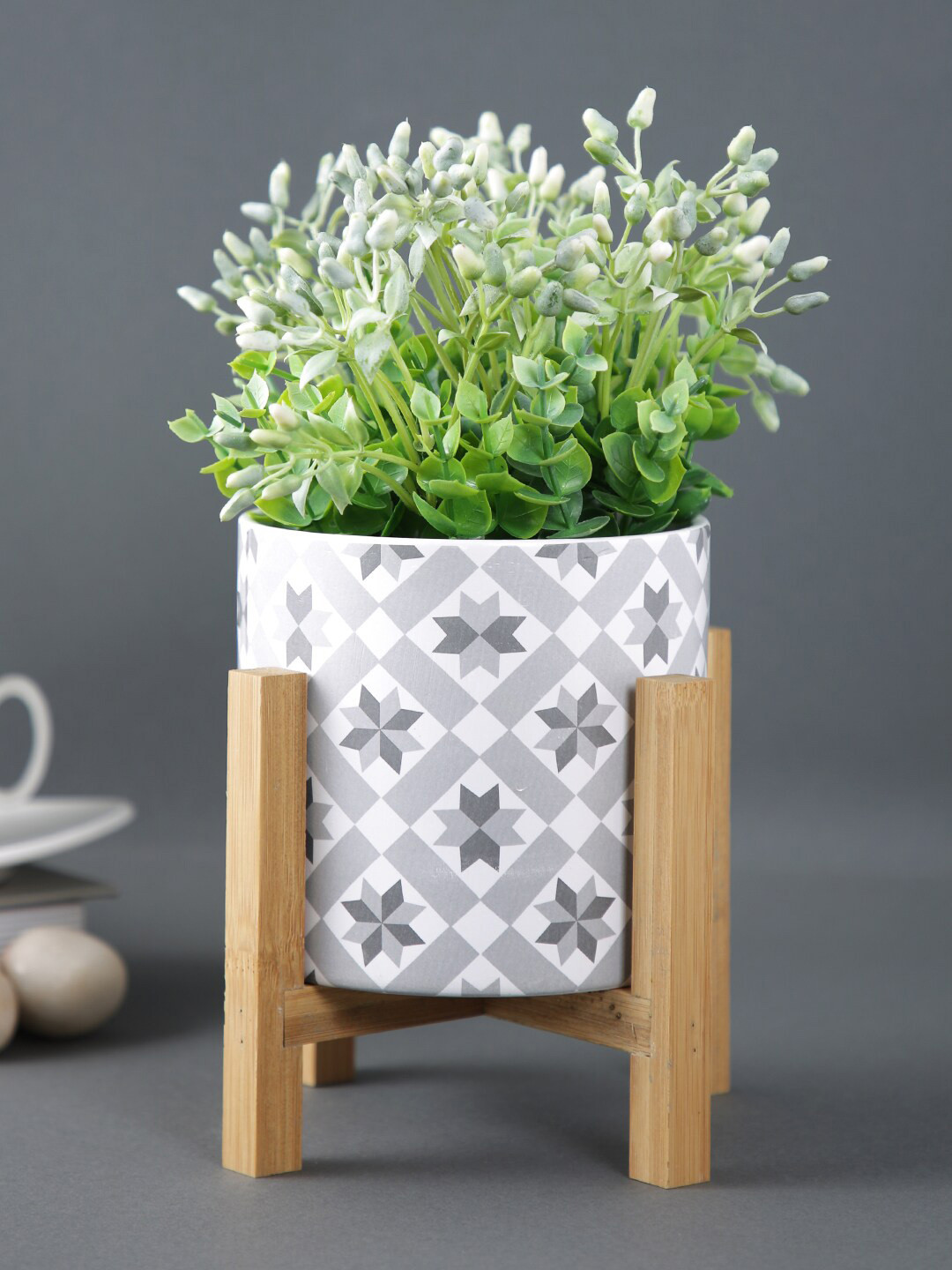 TAYHAA Blue Printed Ceramic Planter With Wooden Stand