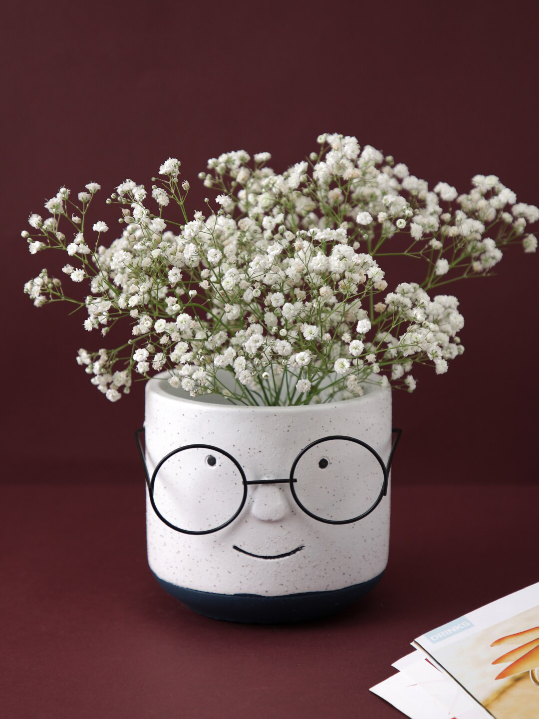 TAYHAA White & Black Printed Face With Specs Ceramic Planter