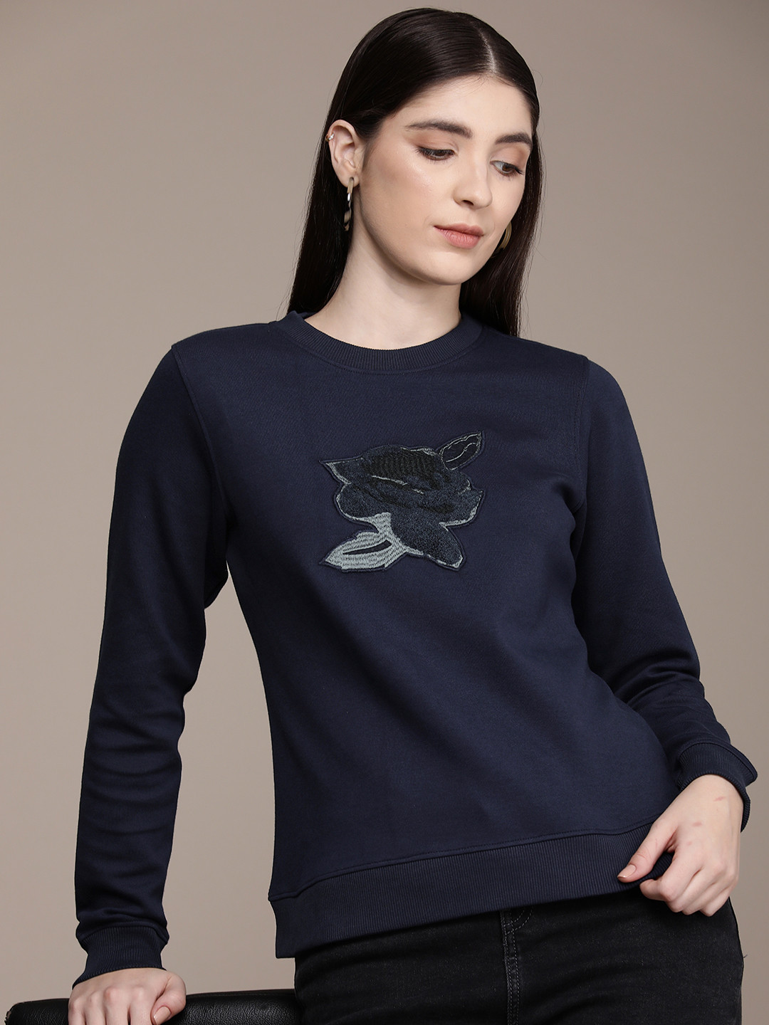 French Connection Round Neck Embroidered Applique Sweatshirt