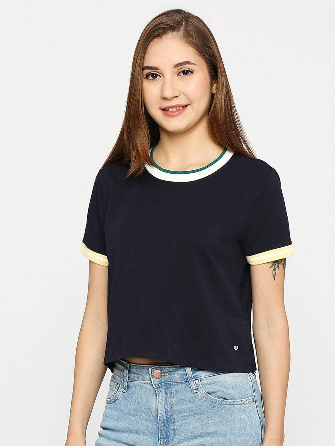 SPYKAR Women Blue Extended Sleeves Pockets Slim Fit T-shirt