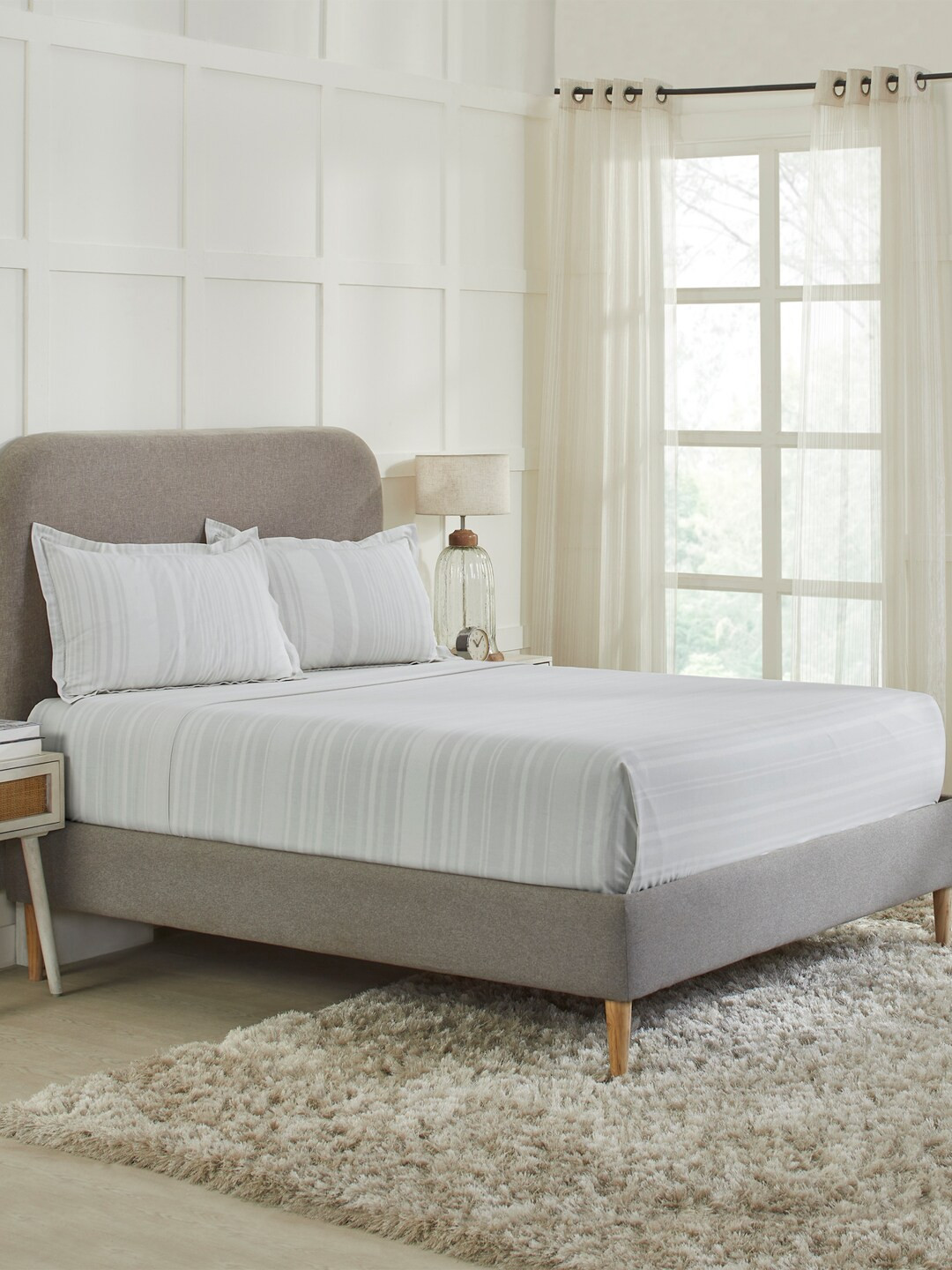 MYTRIDENT Home Essential Melange Grey Striped Polycotton 130 TC Double Bedsheet with 2 Pillow Covers-100 x 90 inches